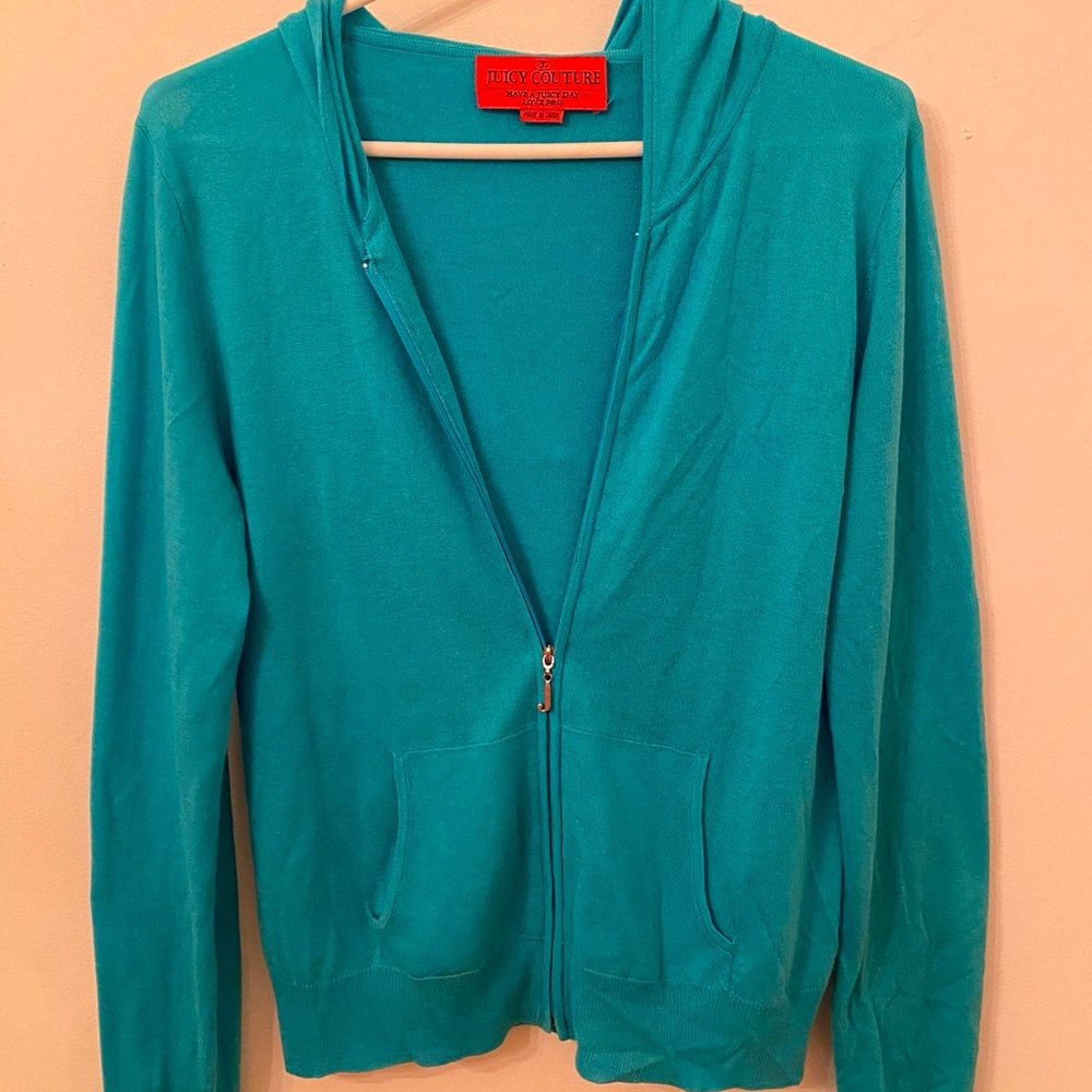 NWT Juicy Couture💥 - Silk & Cashmere Turquoise Cardigan with Hood - Size XL